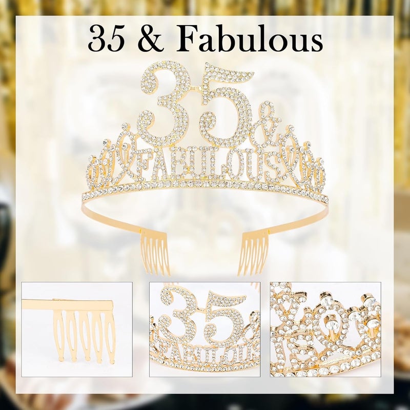 Hapdoo 35th Birthday Decorations for Women, 35th Birthday Gifts Sash and Crown for Women Set, 35 & Fabulous Party Supplies, Gold - Image 5